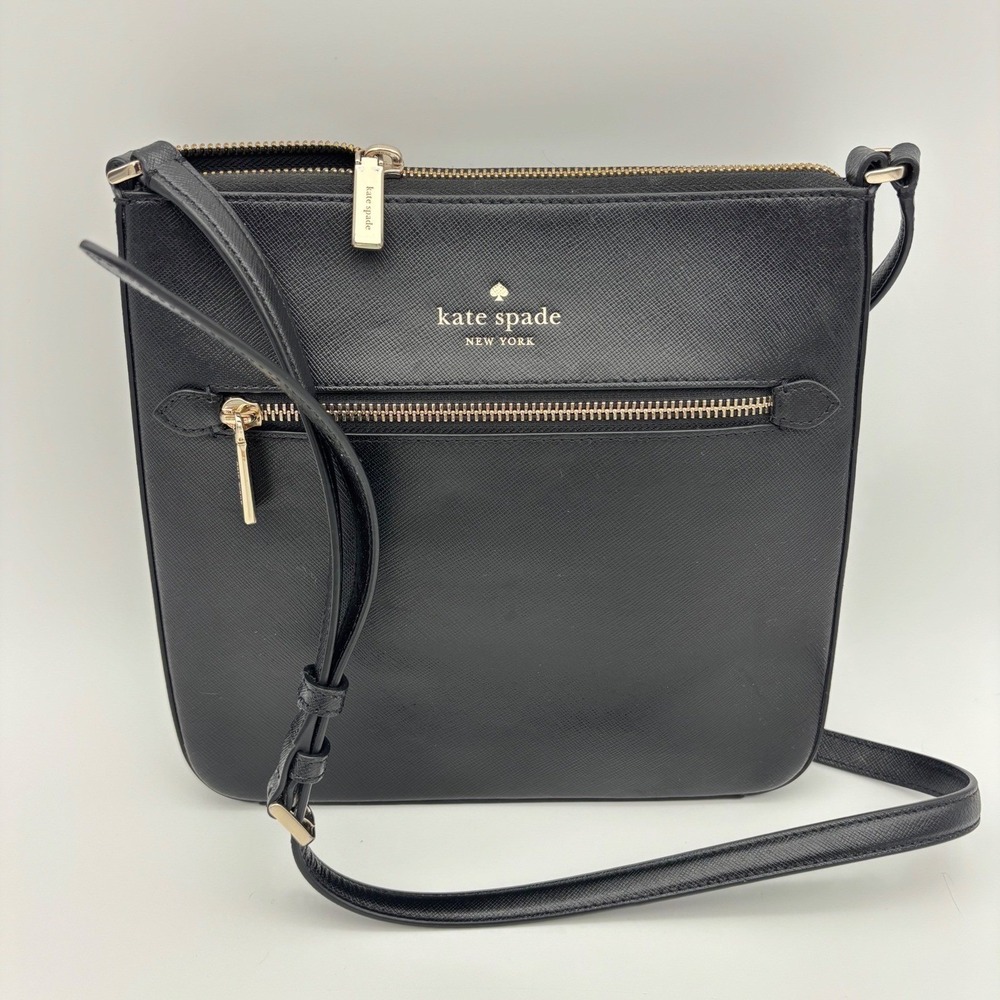 KATE SPADE New York‎ Black Leather Crossbody Bag Saffiano Sadie Gold Thin Purse - Picture 3 of 15